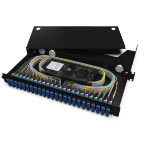 Corning LAN1-96AE-HDCR-B Everon® LAN1 Fiber Housing Front panel  loaded with pigtails, LC UPC Duplex, 96  Fibers, 1U, SMF-28® Ultra fiber, MFT splice  cassette for crimps, black