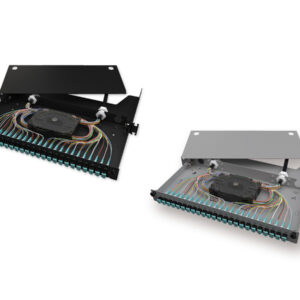 Corning LAN1-48AE-HDHS-B Everon® LAN1 Fiber Housing Front panel  loaded with pigtails, LC UPC Duplex, 48  Fibers, 1U, SMF-28® Ultra fiber, MFT splice  cassette for heat-shrink
