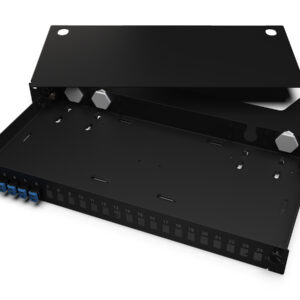 Corning LAN1-12AE-ADPT-B Everon® LAN1 Fiber Housing Front panel  loaded with LC UPC Duplex shuttered  adapters (Breakout version), 12 Fibers, 1U,  SMF-28® Ultra fiber, black