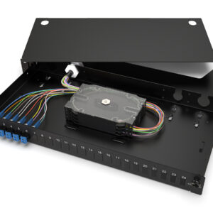 Corning LAN1-12AE-PGTL-B Everon® LAN1 Fiber Housing Front panel  loaded with LC UPC Duplex shuttered  adapters and pigtails, 12 Fibers, 1U,  SMF-28® Ultra fiber, universal splice pack,