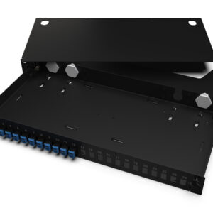 Corning LAN1-24AE-ADPT-B Everon® LAN1 Fiber Housing Front panel  loaded with LC UPC Duplex shuttered  adapters (Breakout version), 24 Fibers, 1U,  SMF-28® Ultra fiber, black