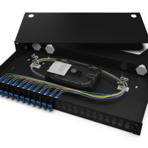 Corning LAN1-24AE-PGTL-B Everon® LAN1 Fiber Housing Front panel  loaded with LC UPC Duplex shuttered  adapters and pigtails, 24 Fibers, 1U, universal  splice pack, protectors not included, black