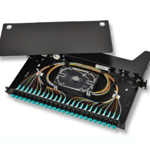 Corning LAN1-48AE-BRDG-B Everon® LAN1 Fiber Housing Front panel  loaded w/pigtails, LC UPC Duplex, 48  Fibers, 1U, SMF-28® Ultra fiber, stackable  splice bridge, black