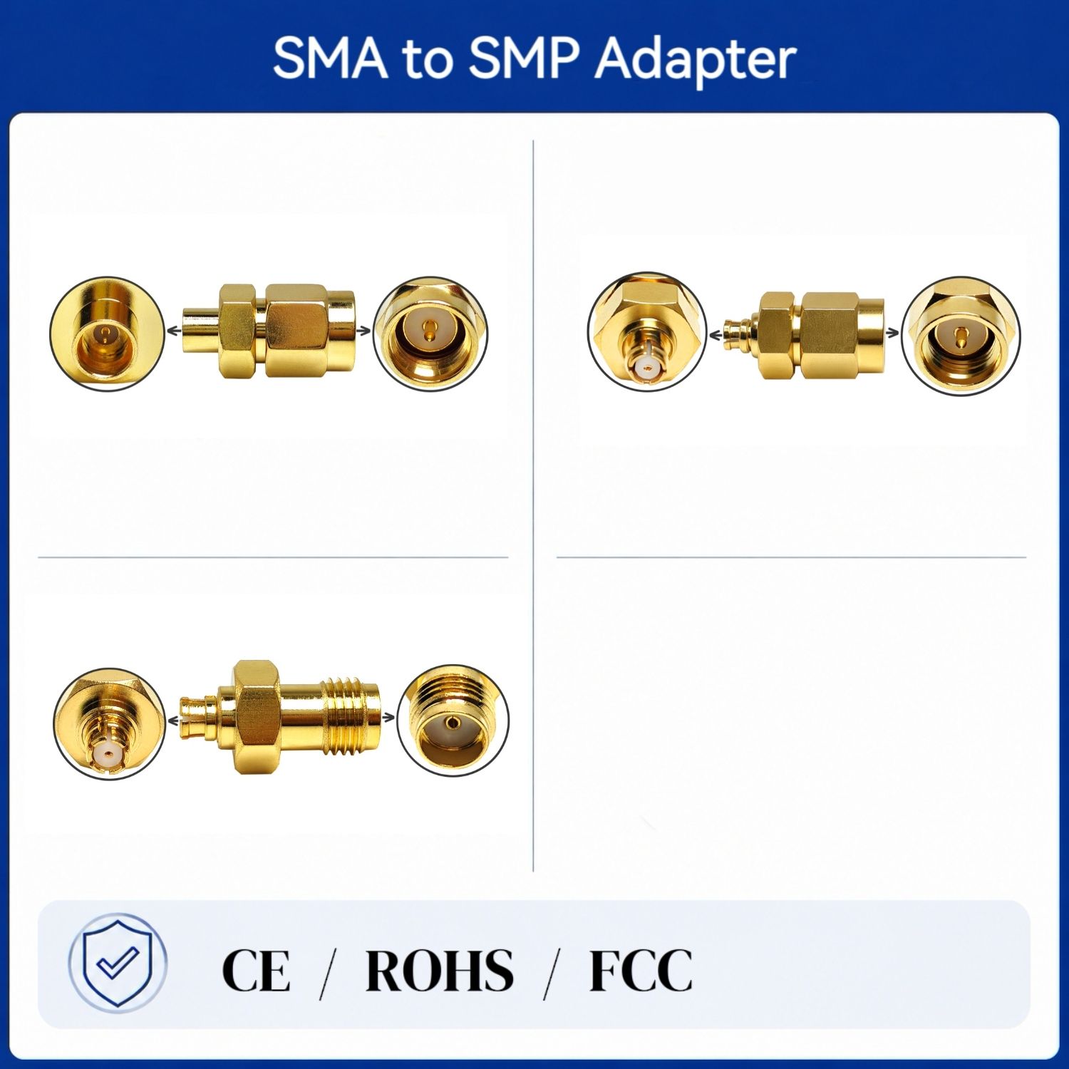 50Ohm RF Coaxial Connector DC-18GHz Gold Plated SMA Male Plug to SMP Male Plug Adapter for Antenna RF Test Equipment Module