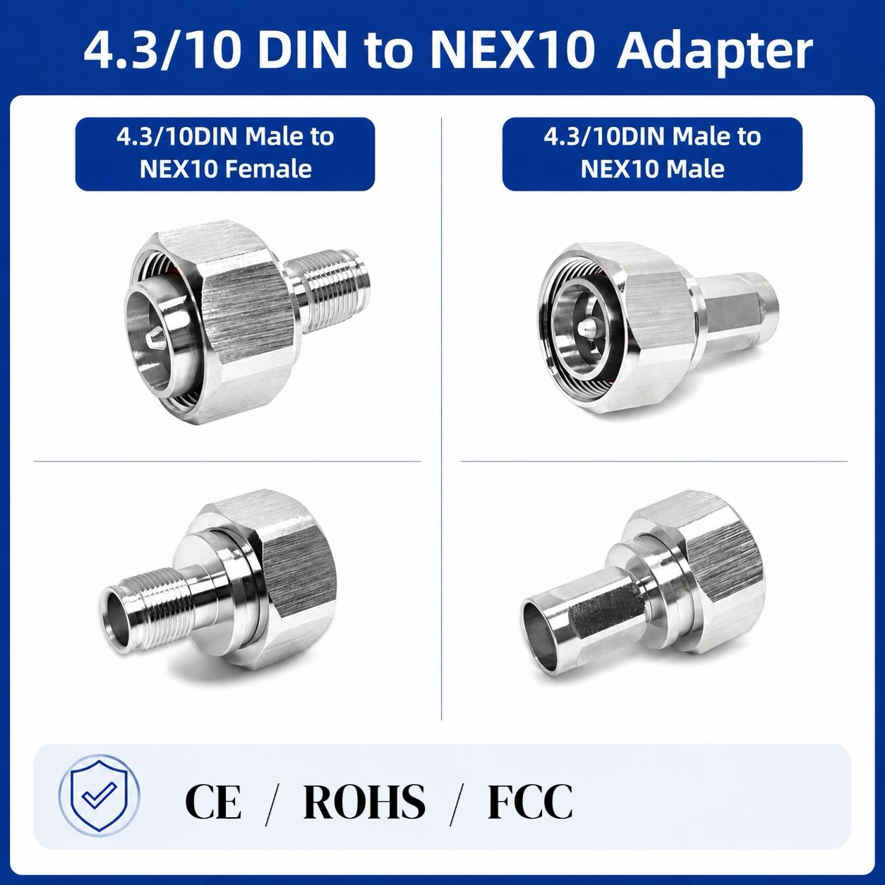 RF Coaxial Adapter Low PIM 4.3/10DIN Male Jack to NEX10 Female Plug RF Connector for Wireless Networks Antenna&Base Station