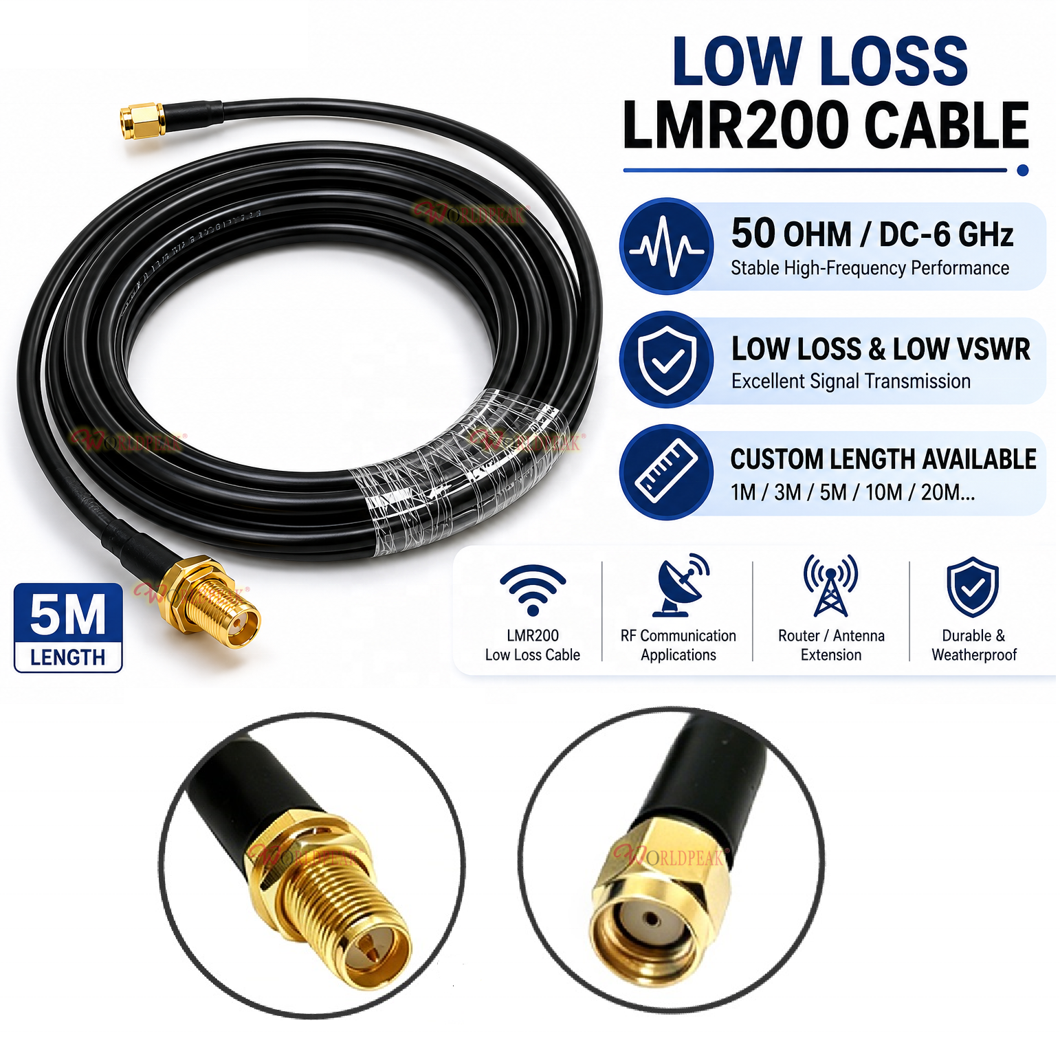RP SMA Male to Revise Pin SMA Male Female Bulkhead Cable Assembly With 50Ohm LMR200 LMR195 LMR240 RG58 Antenna Extension Cable