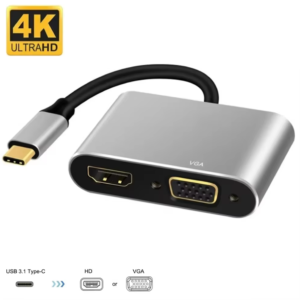 2 in 1 Type C to HDMI VGA Adapter Dual Display 4K30Hz HDMI 1080P VGA Aluminum Alloy Multiport Converter for Laptop Projector PC