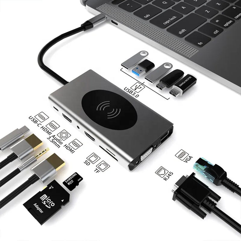 USB C USB 3.0 Card Reader Laptop Docking Station Adapter 14 in 1 Multifunction Type C to Dual HDMI Hub With Ethernet