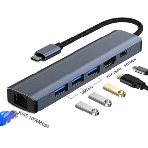 6 in 1 USB Type C Hub 6-In-1 USB C Type C to 3 USB 3.0 USB3.0 4K HDMI 1000Mbps RJ45 PD Adapter Hub with HDMI for Macbook Pro