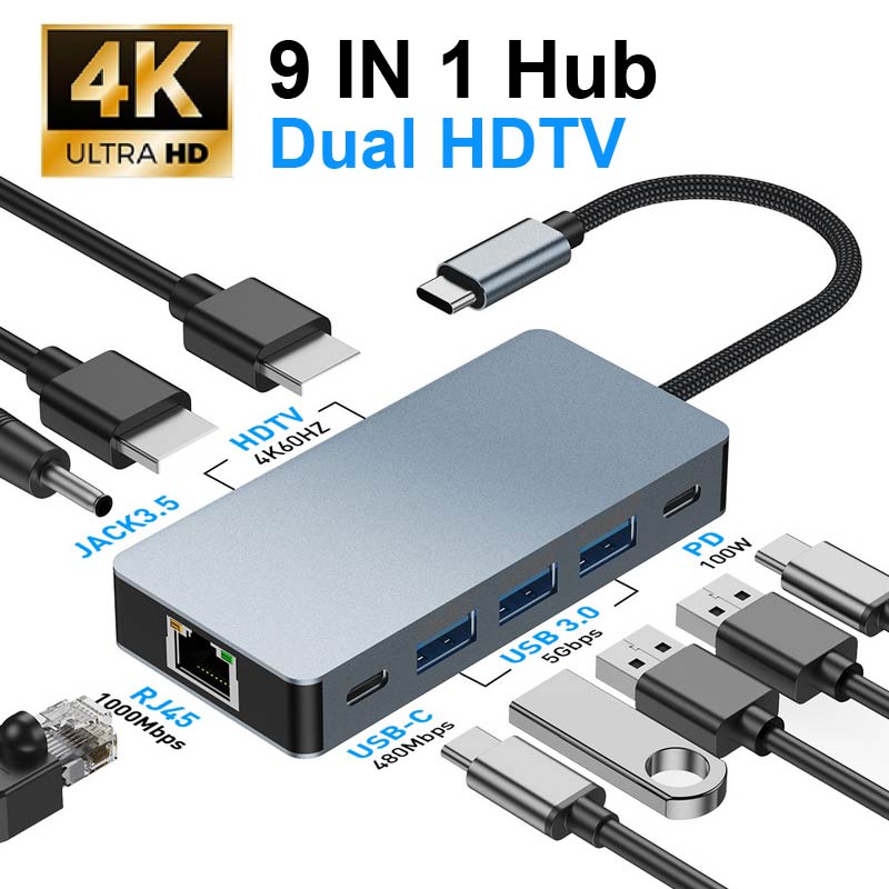 9-In-1 Aluminum Alloy Docking Station Hub Type C Dual Monitor 2.0 4K 60Hz 1000Mbps Ethernet 3 USB3.0 100W PD Audio Jack
