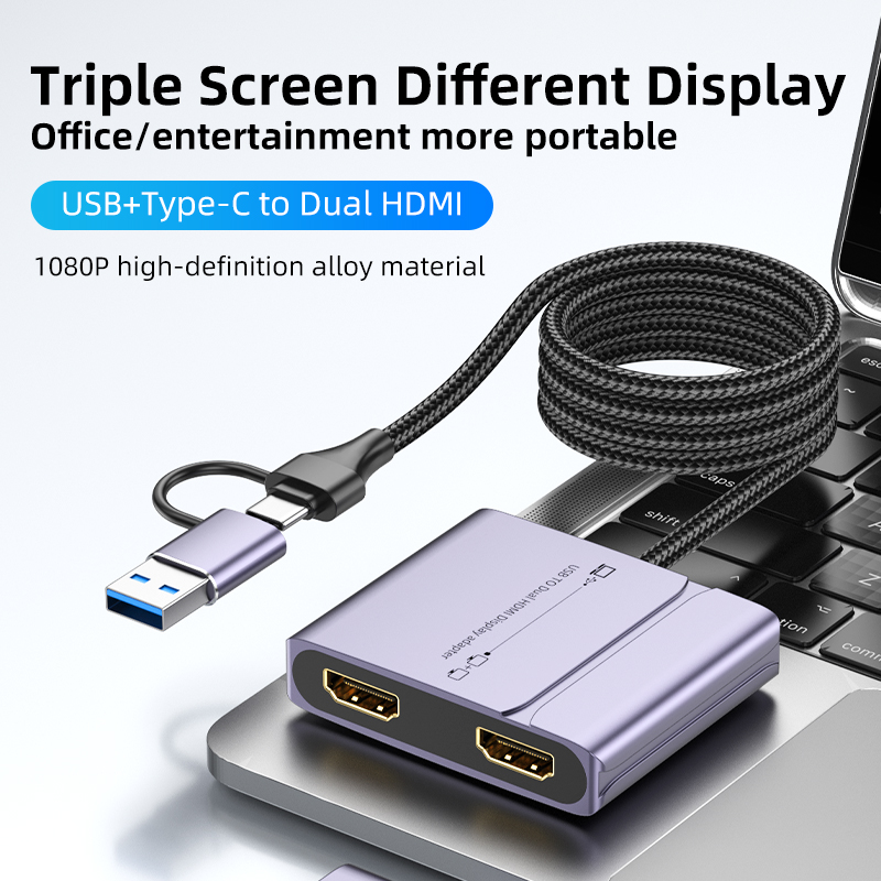 4-in-2 USB 3.0/Type C Hub Adapter Dual HDMI Monitor 1080P USB 3.0 Port 5V Charging Port for Laptop PC MacBook in Stock