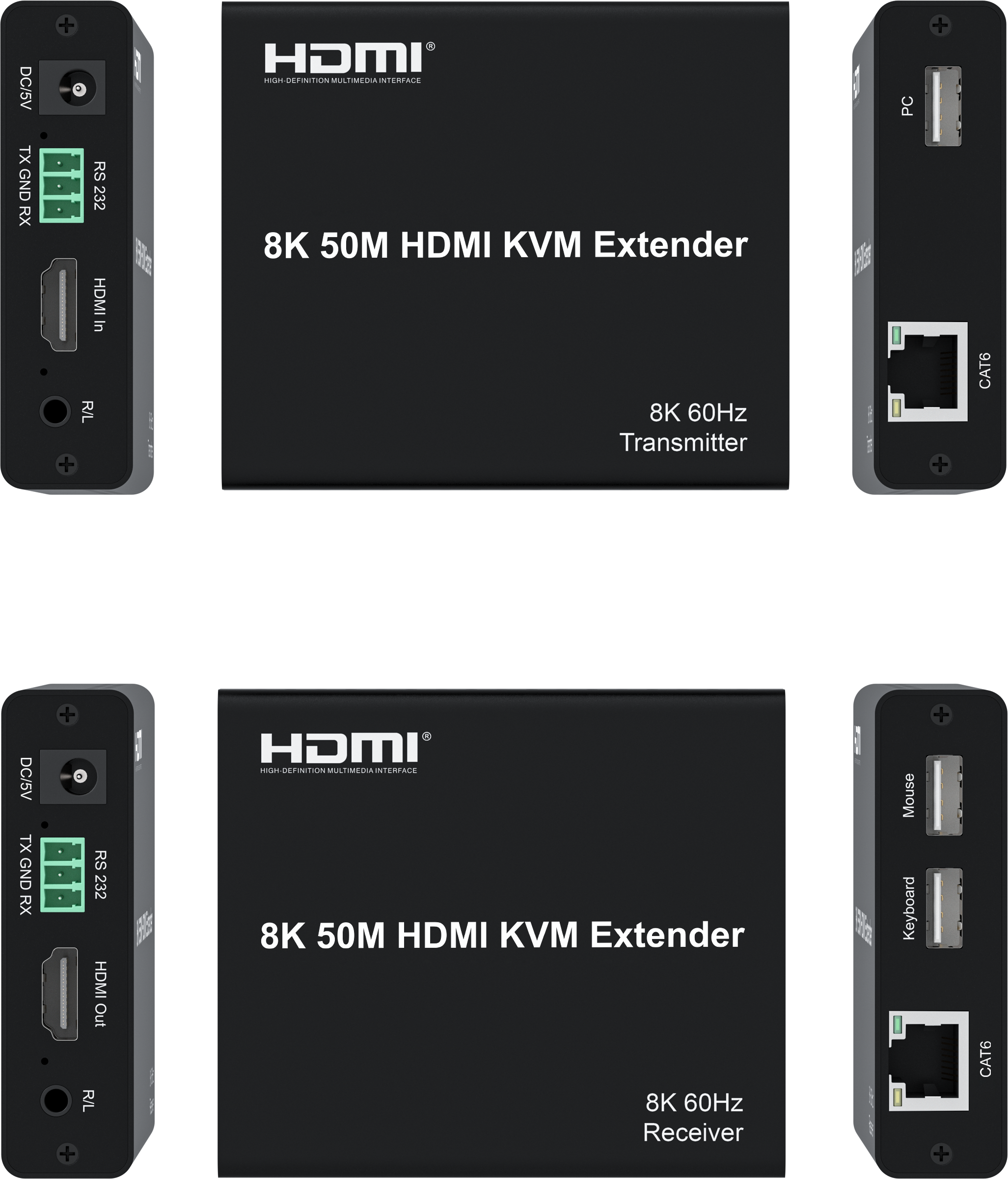 8K 60Hz HDMI KVM Extender Over Single CAT6 up to 50m with USB 2.0 & RS232 Control, Plug and Play Kit for Pro AV/Conference Room