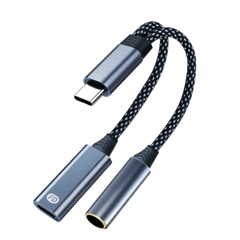 PD 60W 2-in-1 Type-C to Type-C 3.5mm Nylon Audio Cable with 12-Month Warranty for HIFI Music and OTG Connectivity