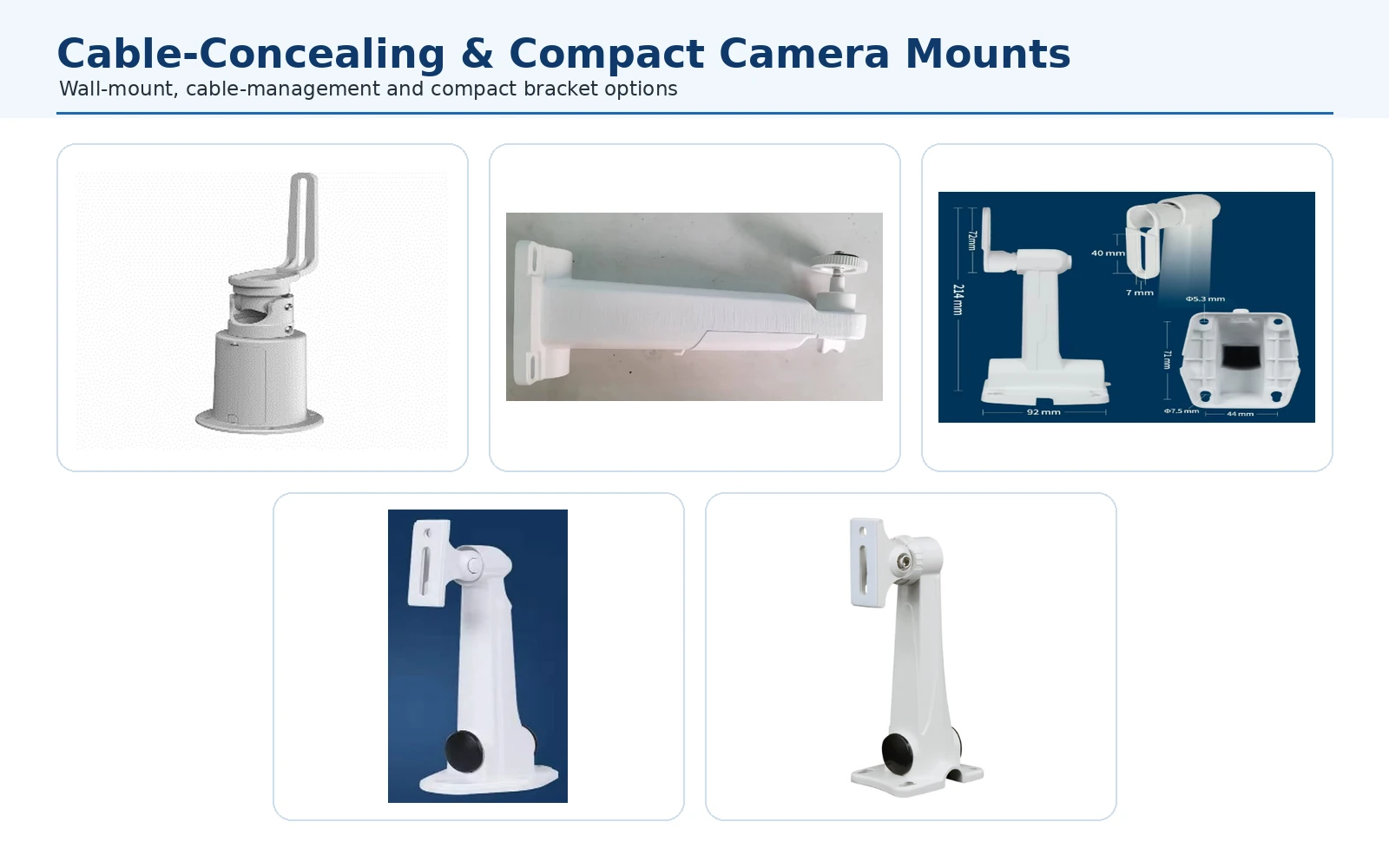 Cable-concealing aluminum camera brackets for CCTV installation
