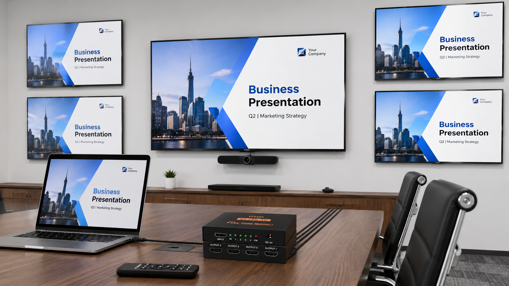 HDMI Splitter for Meeting Room Displays 1x4 HDMI splitter used in a conference room with multiple displays