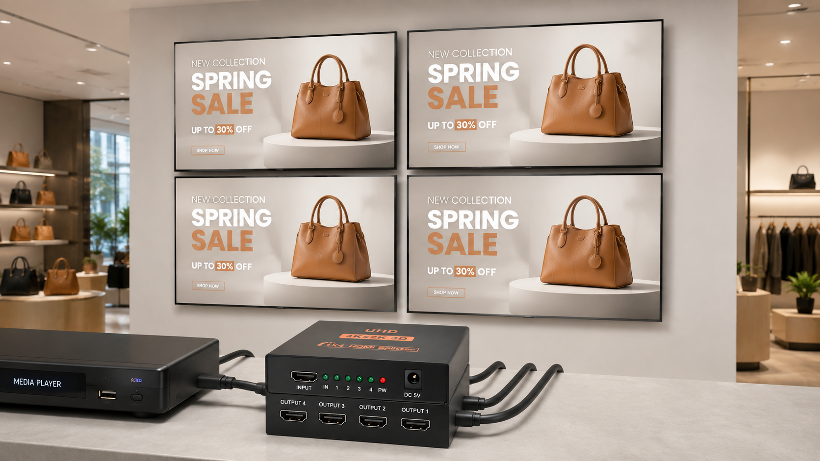 HDMI Splitter for Digital Signage 1x4 HDMI splitter used for retail digital signage on four displays